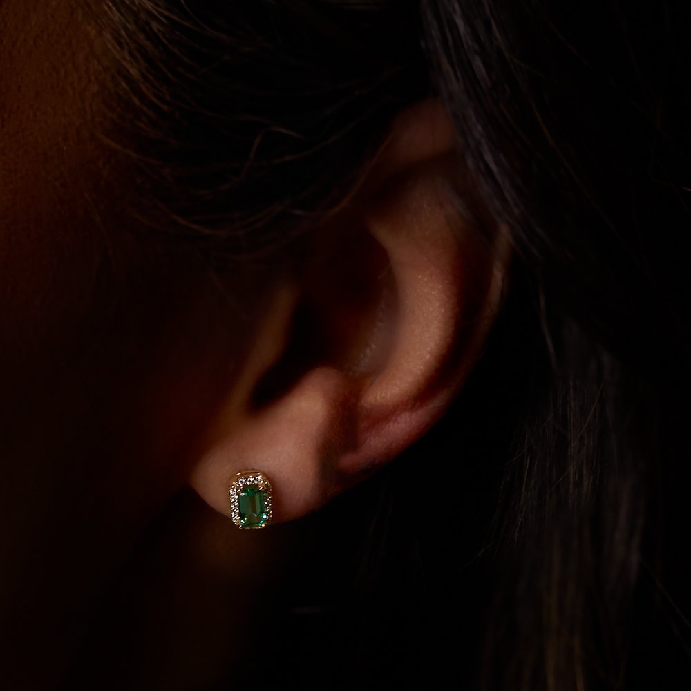 0.60 carat Emerald and Natural Diamond Halo-Style Earrings