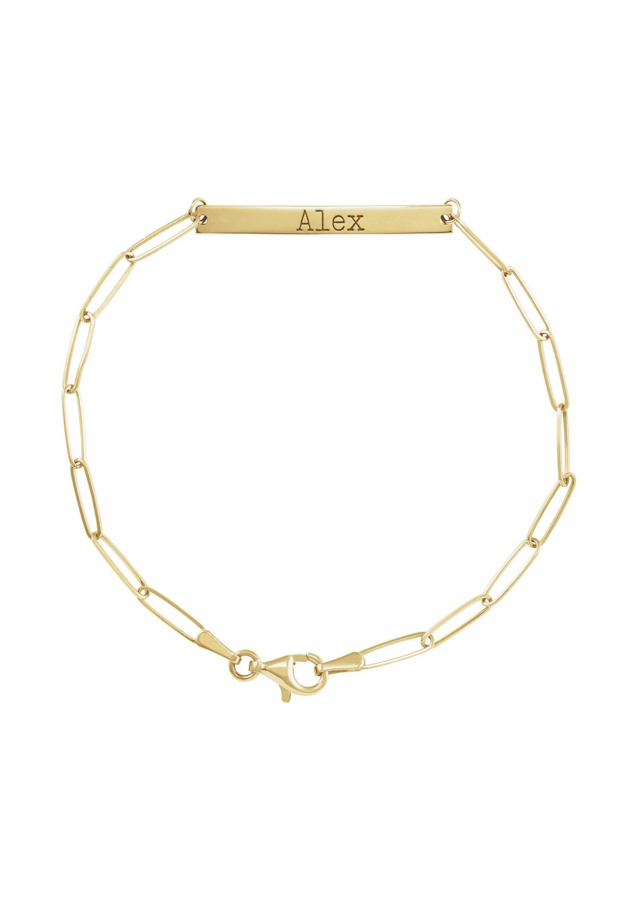 14K Yellow Gold Engravable Bar Bracelet on a paperclip chain