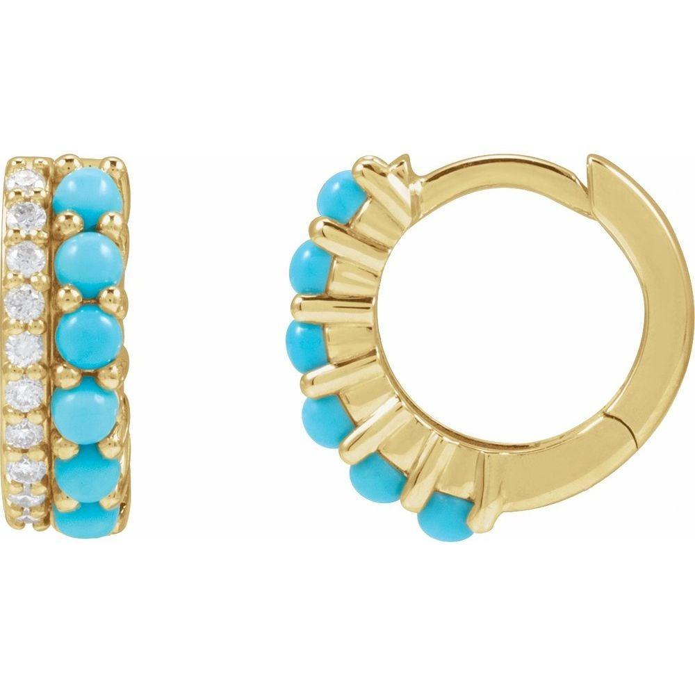 14K Yellow Gold Natural Turquoise and Natural Diamond Huggies