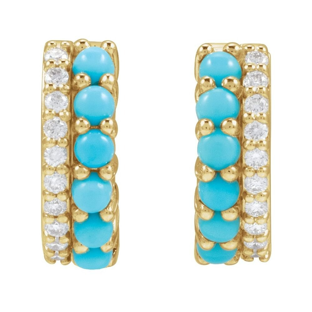 14K Yellow Gold Natural Turquoise and Natural Diamond Huggies